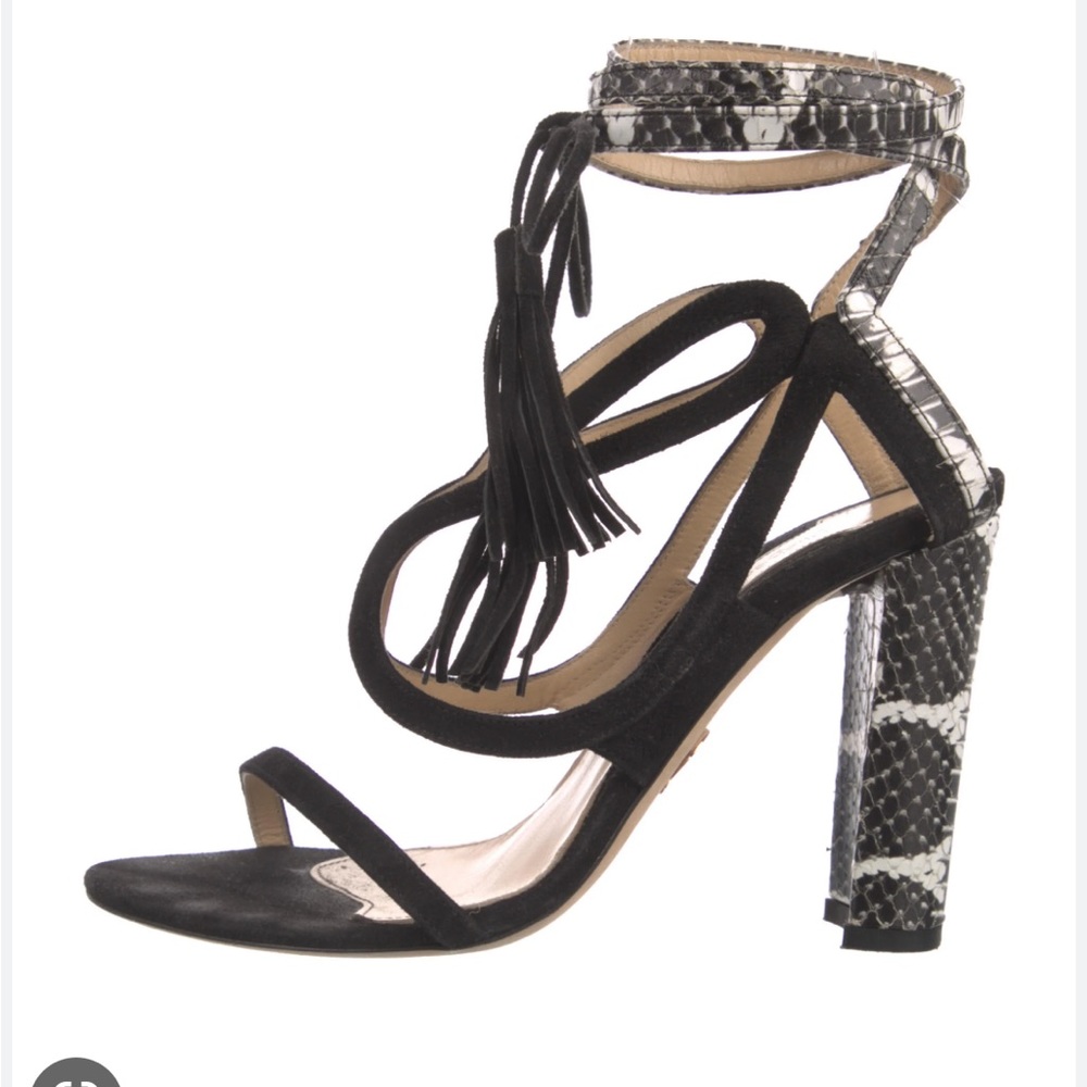 Chelsea Paris black suede with snakeskin sandals with tassels fringed Eu size 40